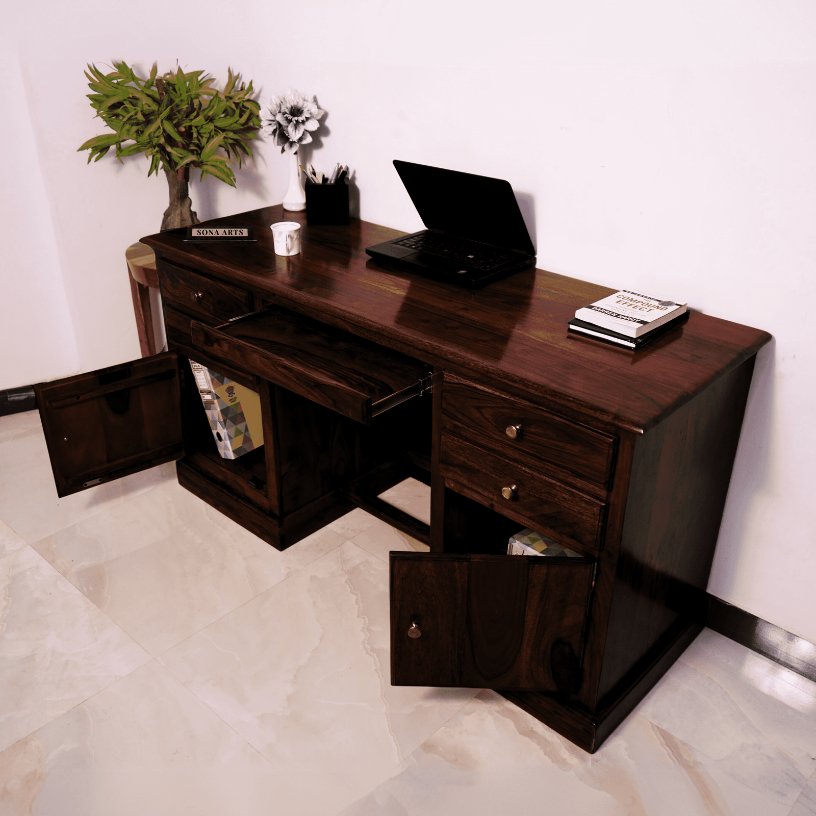 Carmel 2 Door Sheesham Wood Study Table 4 Drawers and 2 Doors - Walnut Finish