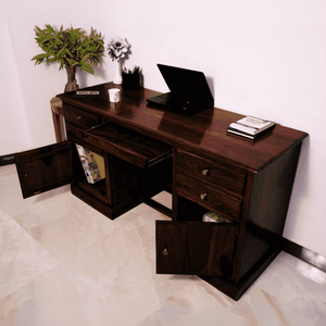 Carmel 2 Door Sheesham Wood Study Table 4 Drawers and 2 Doors - Walnut Finish