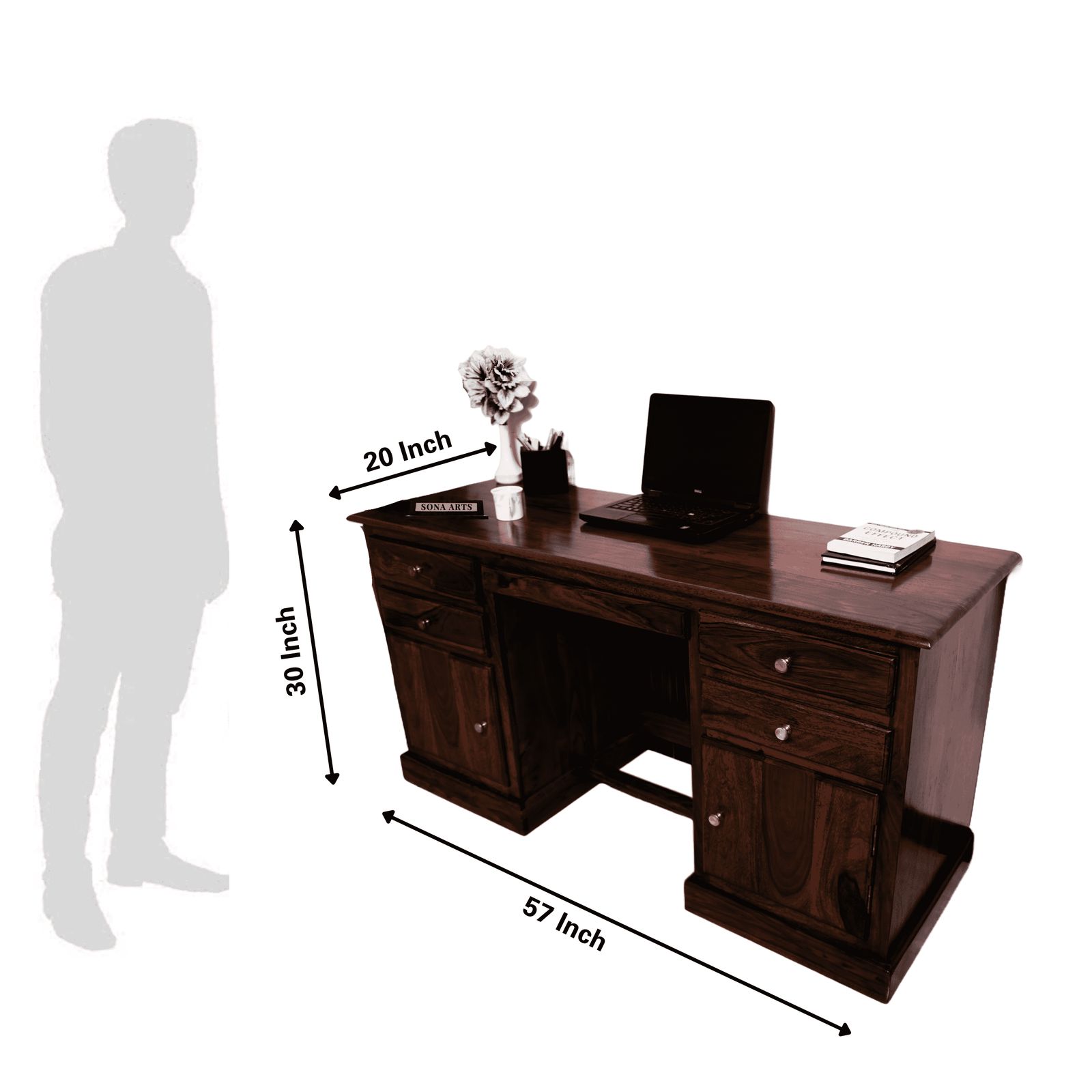 Carmel 2 Door Sheesham Wood Study Table 4 Drawers and 2 Doors - Walnut Finish