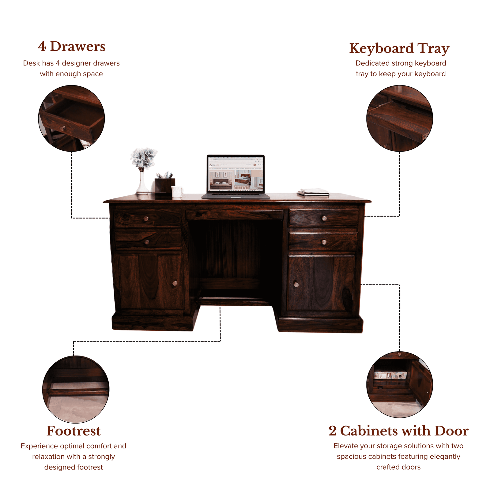 Carmel 2 Door Sheesham Wood Study Table 4 Drawers and 2 Doors - Walnut Finish