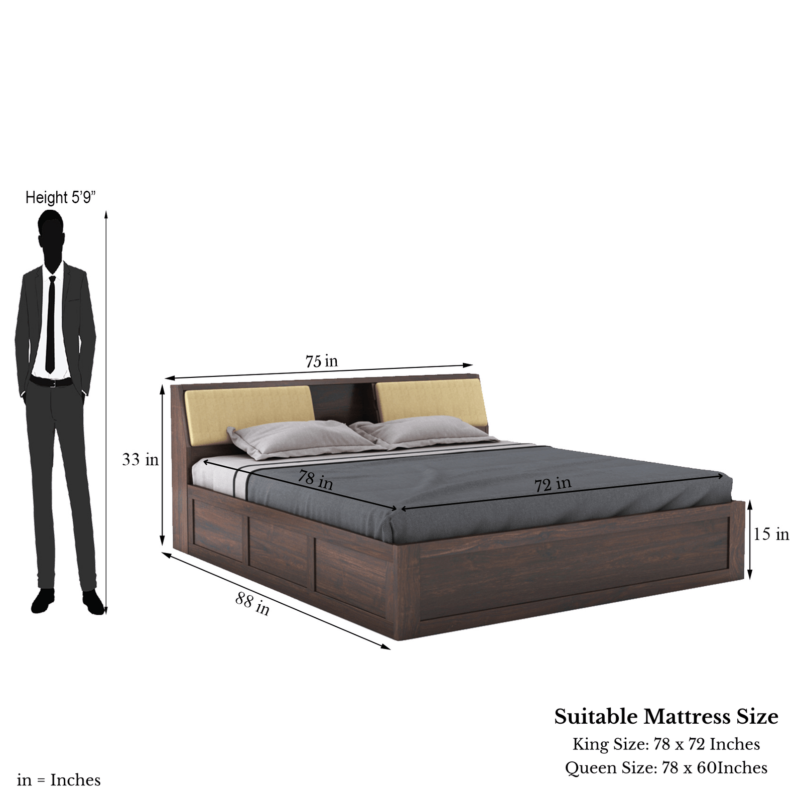 Hades Solid Sheesham Wood King Size Bed with Box Storage | King Size Cot With Head Cushion - Walnut Finish
