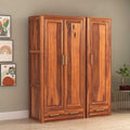 Sheesham Wood 3 Door Wardrobe with 3 Drawers Storage Finish  - Natural