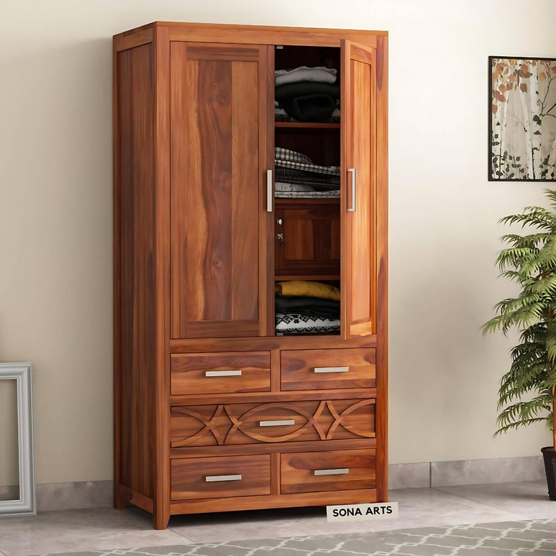 CNC Solid Sheesham Wood 2 Door Wardrobe with 5 Drawers Storage - Natural Finish
