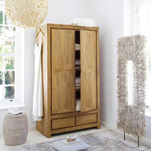 Wooden 2 Door Wardrobe with 5 Drawers Storage for Bedroom - Natural Honey Finish