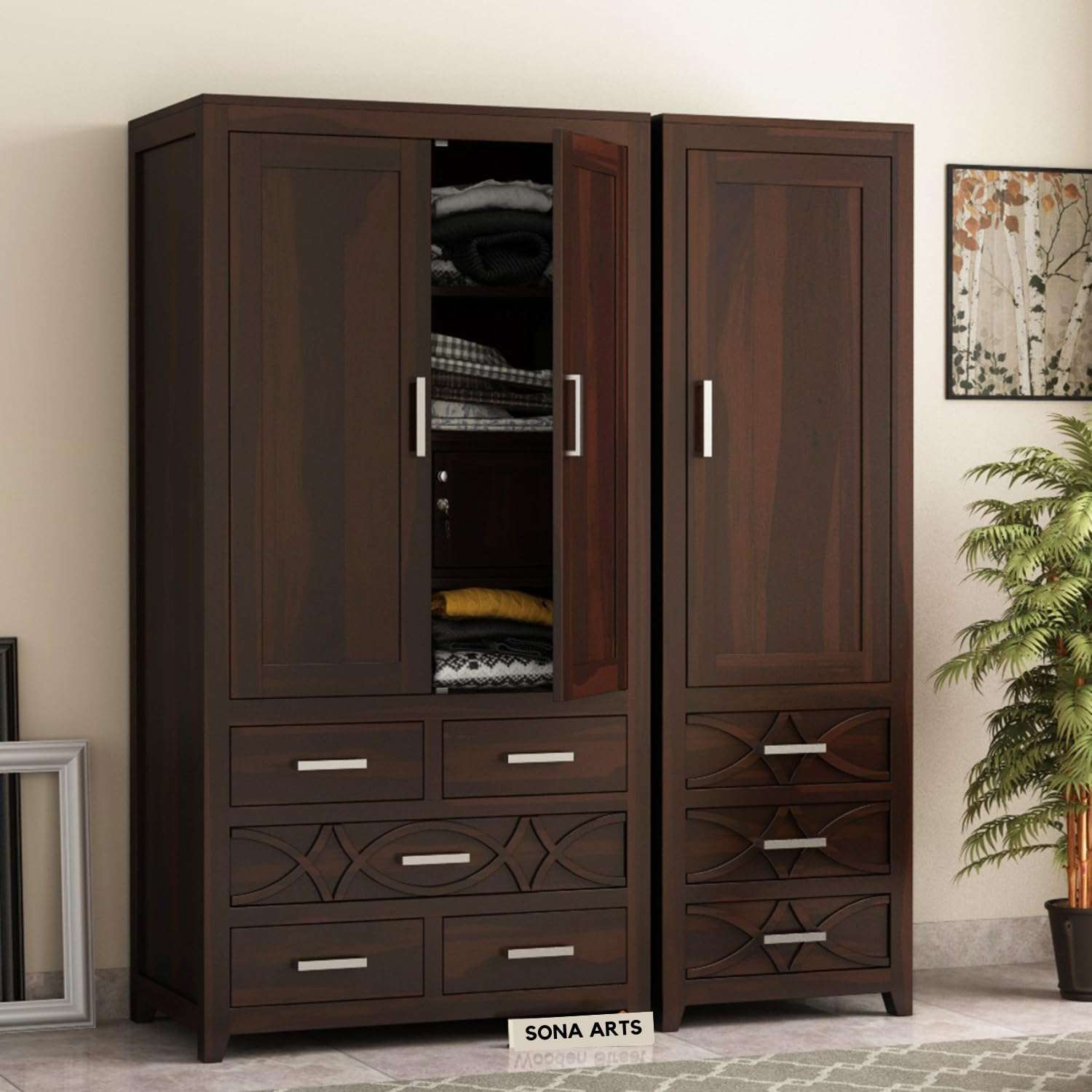 Three Door Sheesham Wood Wardrobe - Walnut Finish
