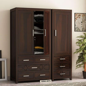 Three Door Sheesham Wood Wardrobe - Walnut Finish