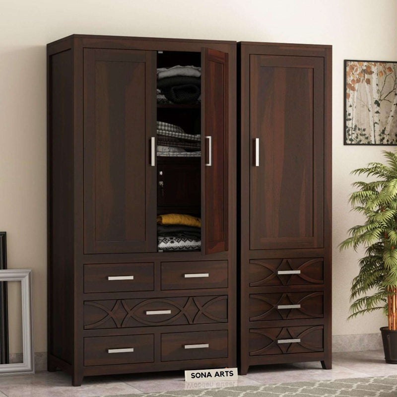 Three Door Sheesham Wood Wardrobe - Walnut Finish