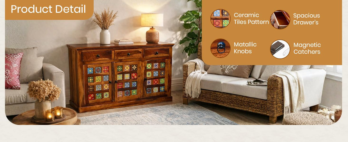 Tile Sheesham Wood Sideboard & Tv Cabinet Finish - Natural