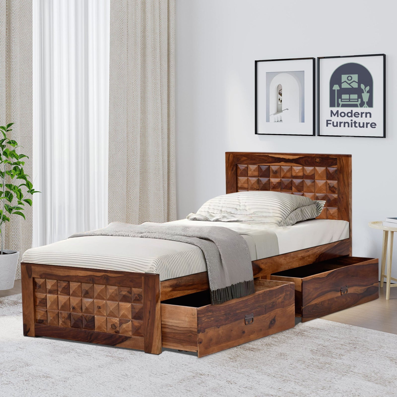 Diamond Wooden Single Bed with Two Drawer Storage - Natural Finish