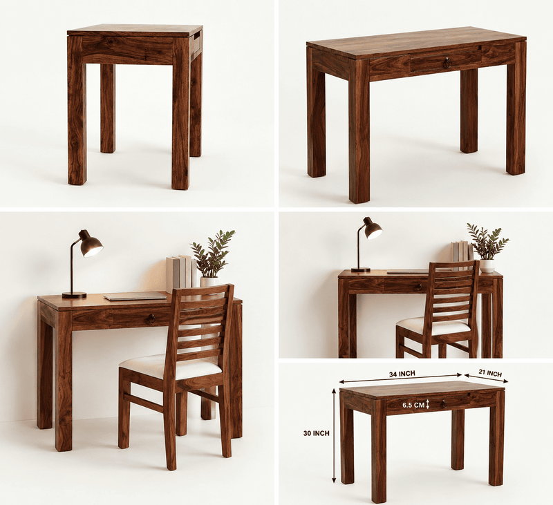 Clara with Chair Solid Sheesham Wood Study Table - Walnut Finish