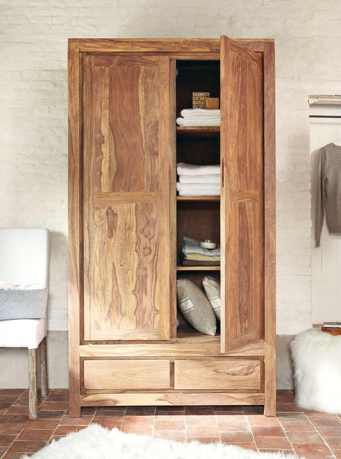 Wooden 2 Door Wardrobe with 5 Drawers Storage for Bedroom - Natural Honey Finish