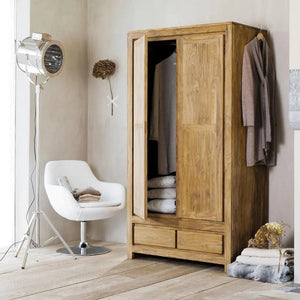 Wooden 2 Door Wardrobe with 5 Drawers Storage for Bedroom - Natural Honey Finish