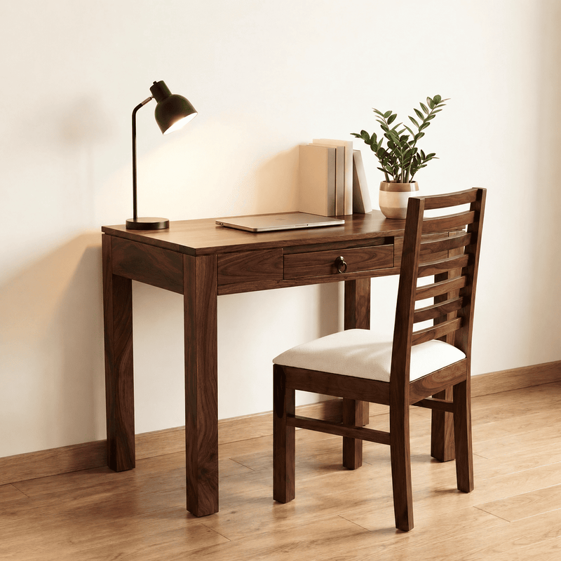 Clara with Chair Solid Sheesham Wood Study Table - Walnut Finish