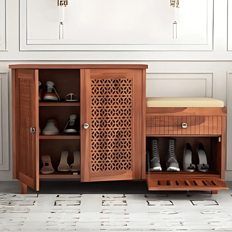 Sheesham Wooden Shoe Rack for Home with Door Storage and Cushion Seating Drawer | Multipurpose Cabinets for Living Room Home | Honey Teak Finish